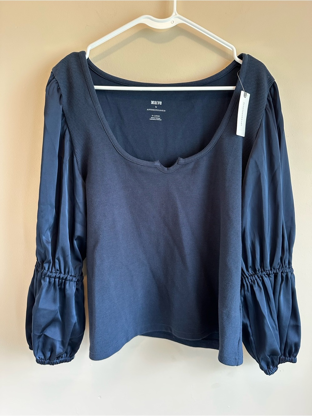 NWT Maeve Woman’s XL Blue Ripped Cropped Satin Tiered Balloon Sleeve Top
